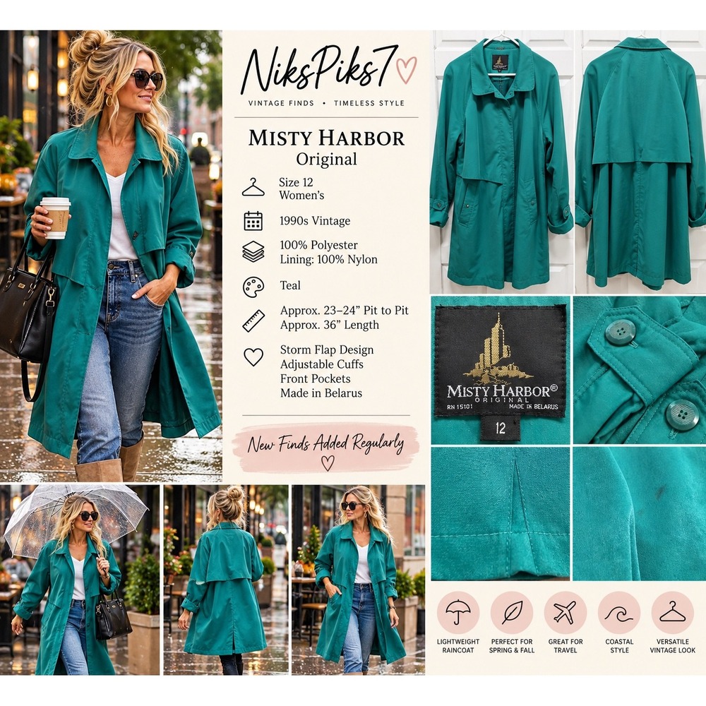Vintage Misty Harbor Teal Raincoat Trench Coat Women Size 12 90s Made Belarus